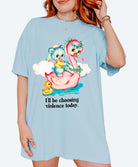 Funny graphic t-shirt with cute duck and swan illustration and text saying I’ll be choosing violence today