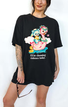 Funny graphic t-shirt with cute duck and swan illustration and text saying I’ll be choosing violence today