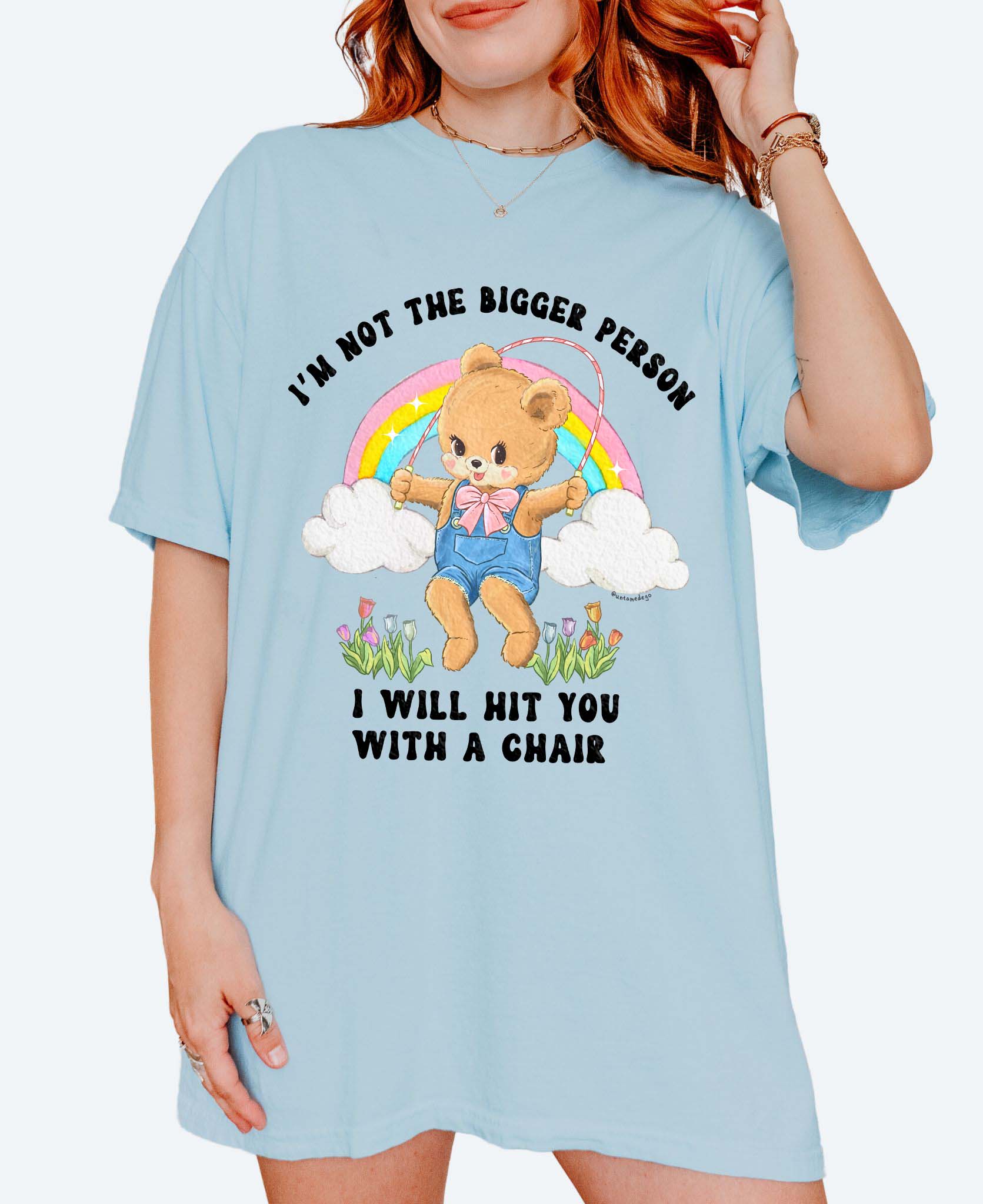 Funny graphic t-shirt with cute bear holding jump rope and bold text about not being the bigger person