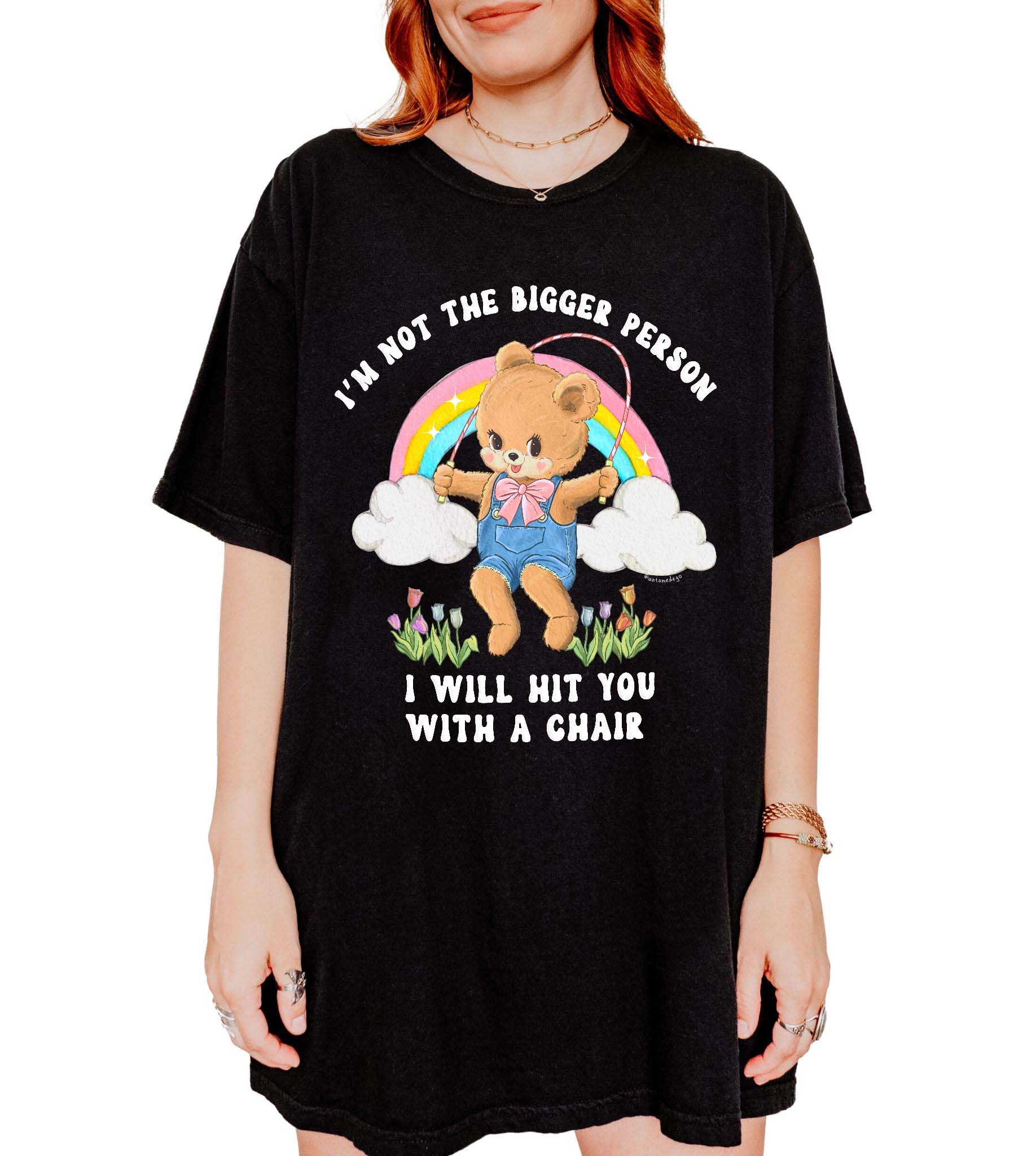 Funny graphic t-shirt with cute bear holding jump rope and bold text about not being the bigger person