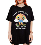 Funny graphic t-shirt with cute bear holding jump rope and bold text about not being the bigger person