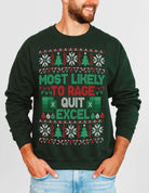 Person wearing a green sweater with Christmas-themed text and graphics on a plain background