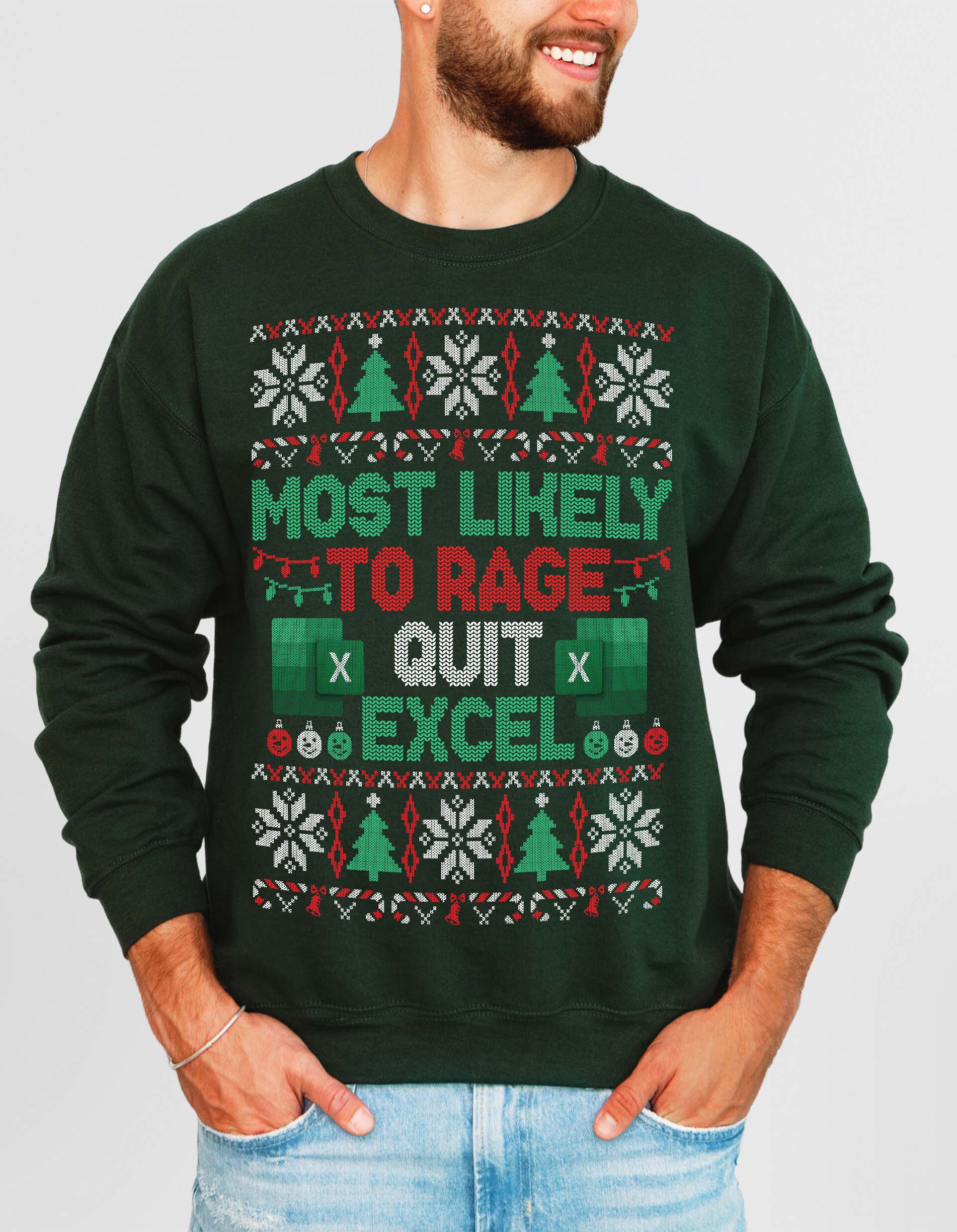 Person wearing a green sweater with Christmas-themed text and graphics on a plain background