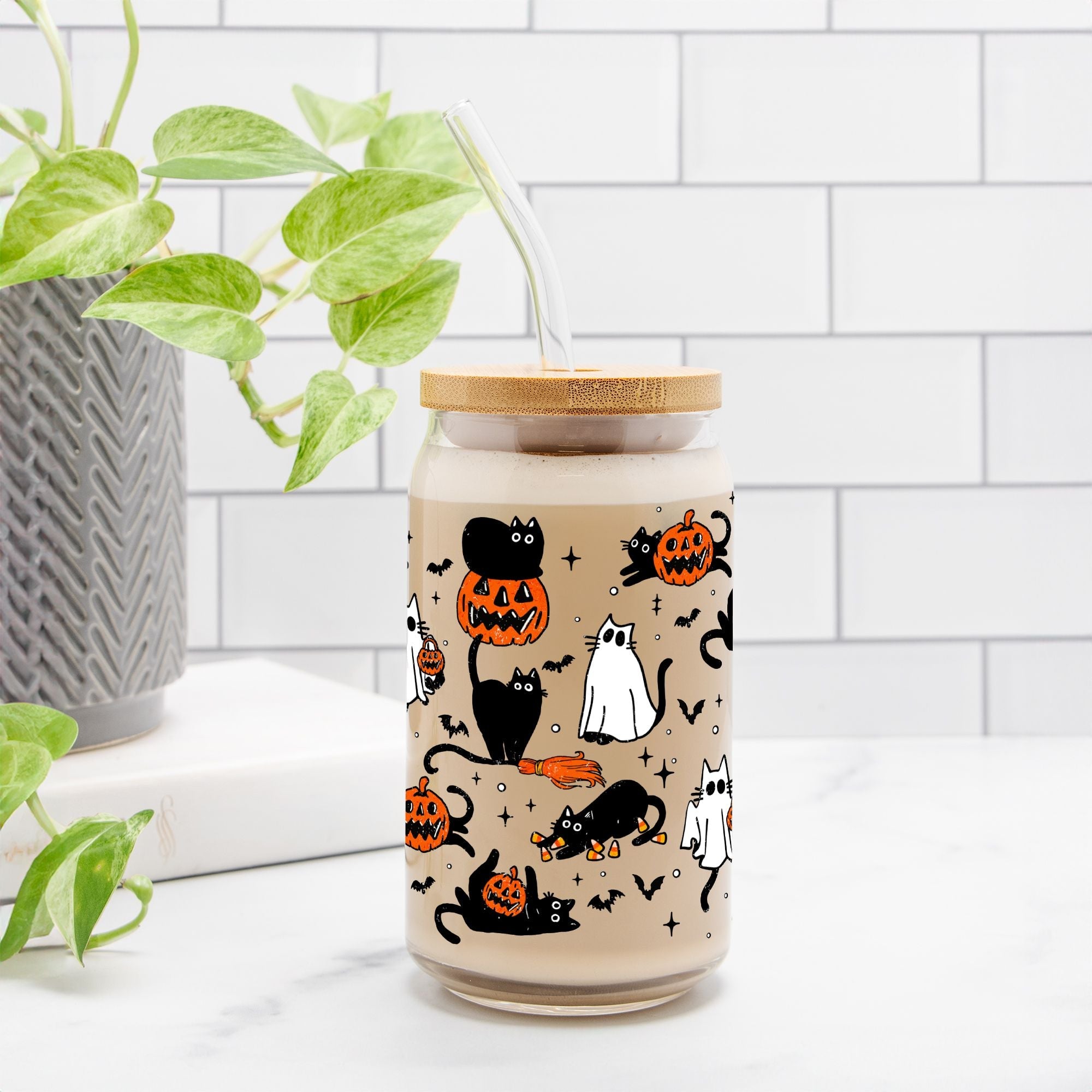 Pumpkin Kitty Halloween Glass Can Tumbler - UntamedEgo LLC.