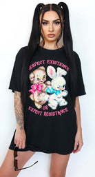 Protest graphic t-shirt with vintage teddy bear and bunny design and text saying respect existence or expect resistance