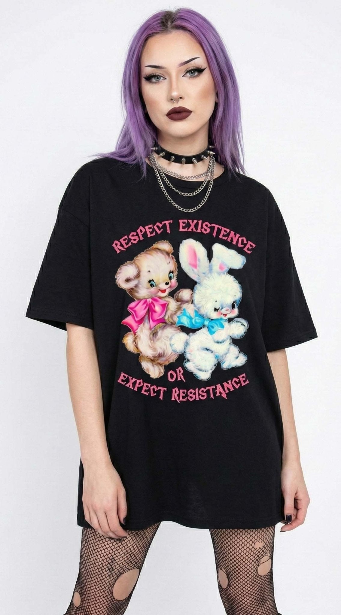 Protest graphic t-shirt with vintage teddy bear and bunny design and text saying respect existence or expect resistance
