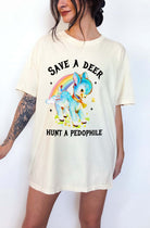 Vintage style deer graphic t-shirt with rainbow design and bold statement text, worn oversized on a model