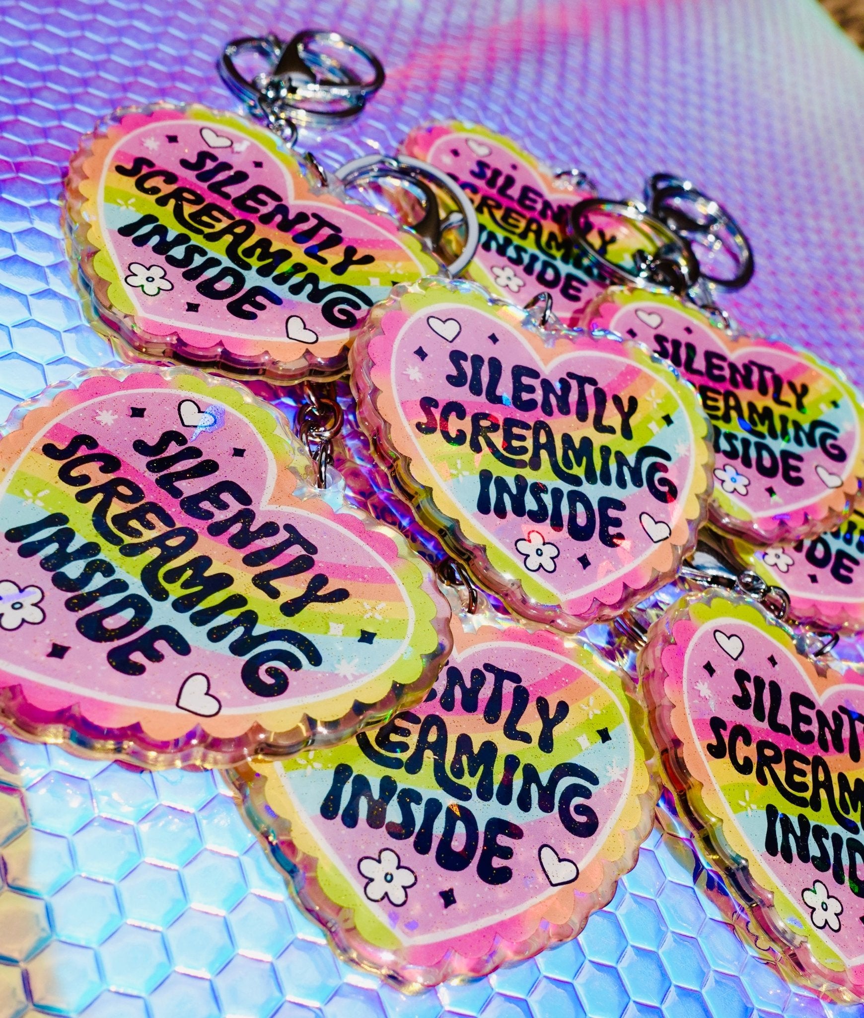 Silently Screaming Inside Holographic Heart Holographic Keychain - UntamedEgo LLC.
