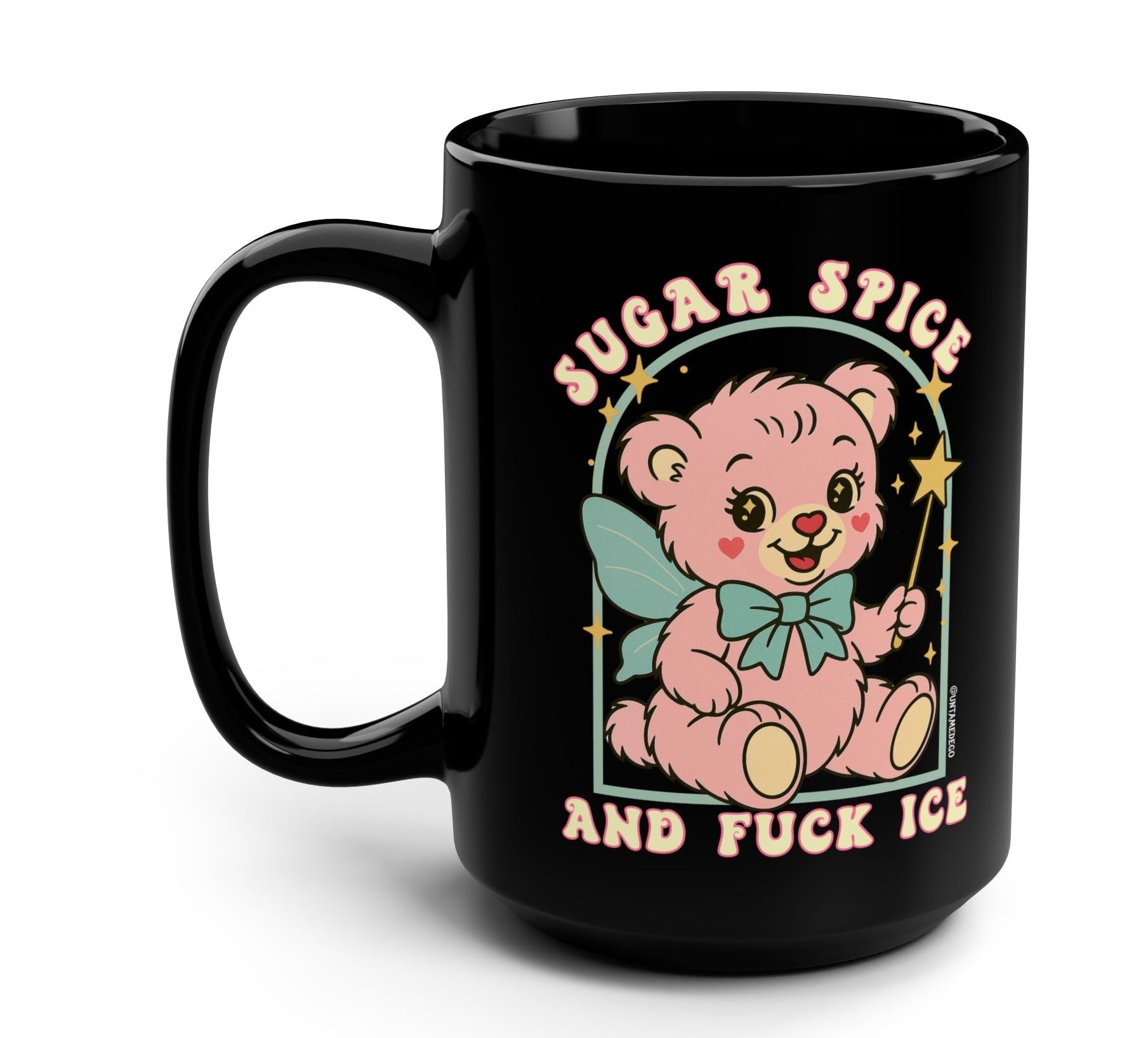 Black mug with a pink teddy bear graphic and text on a white background