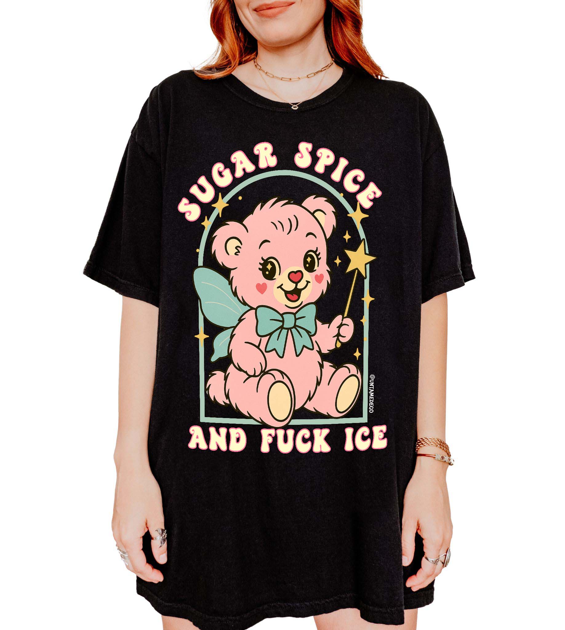 Graphic t-shirt with cute bear illustration and bold protest text reading sugar spice and fuck ICE