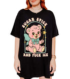 Graphic t-shirt with cute bear illustration and bold protest text reading sugar spice and fuck ICE