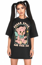 Graphic t-shirt with cute bear illustration and bold protest text reading sugar spice and fuck ICE