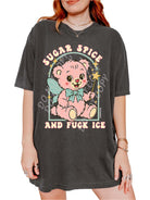 Graphic t-shirt with cute bear illustration and bold protest text reading sugar spice and fuck ICE