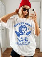 Graphic t-shirt with vintage angel illustration holding knife and text saying sweet girl with anger issues
