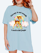 Funny graphic t-shirt with cute deer illustration and text saying therapy is not enough I need to bite people