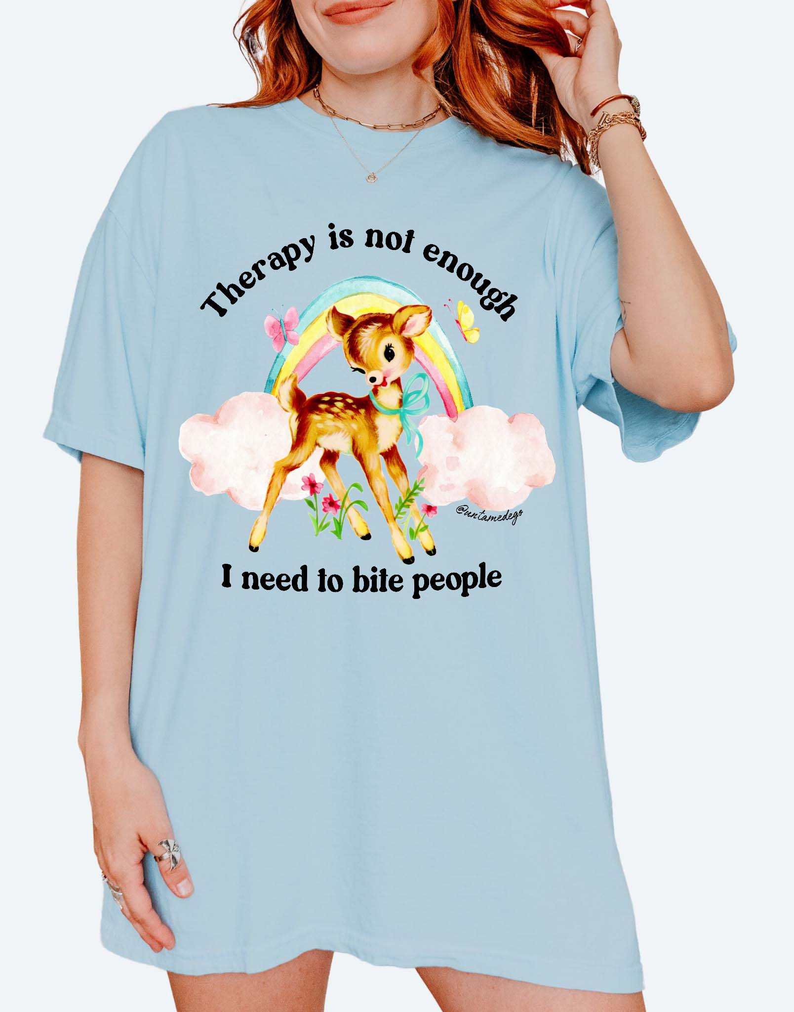 Funny graphic t-shirt with cute deer illustration and text saying therapy is not enough I need to bite people
