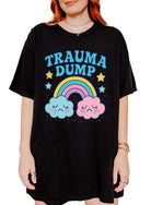 Funny graphic t-shirt with rainbow and crying clouds design and text saying trauma dump