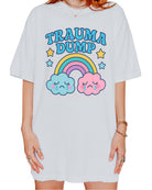 Funny graphic t-shirt with rainbow and crying clouds design and text saying trauma dump