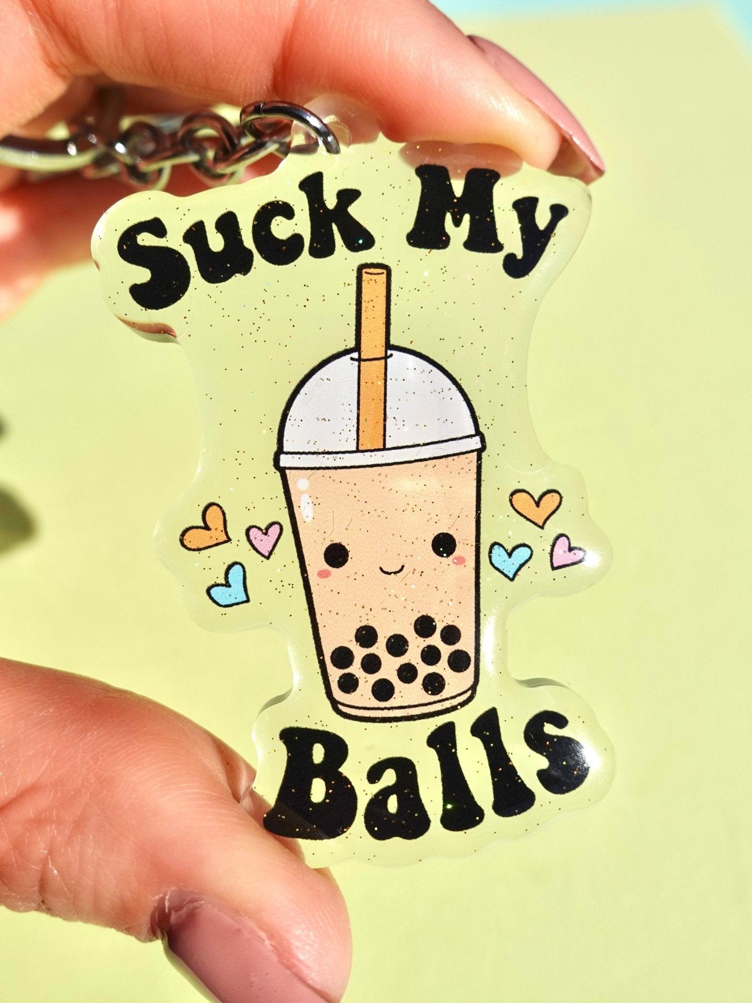 Suck My Balls Keychain – Funny Boba Tea Acrylic Glitter Keychain - UntamedEgo LLC.