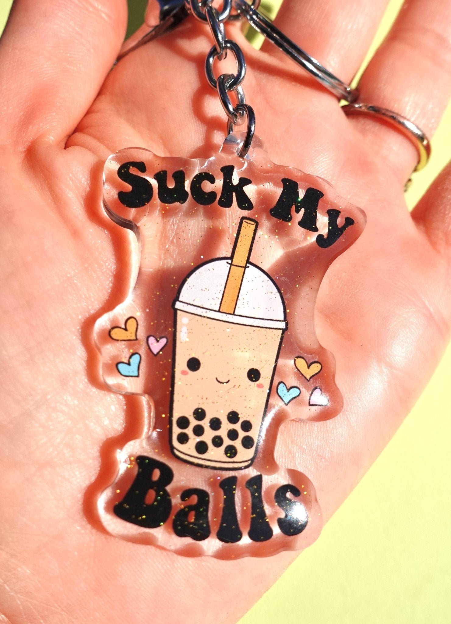 Suck My Balls Keychain – Funny Boba Tea Acrylic Glitter Keychain - UntamedEgo LLC.